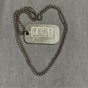 Vintage Rent Broadway "No Day But Today" dog tags, silvertone, rare, New York